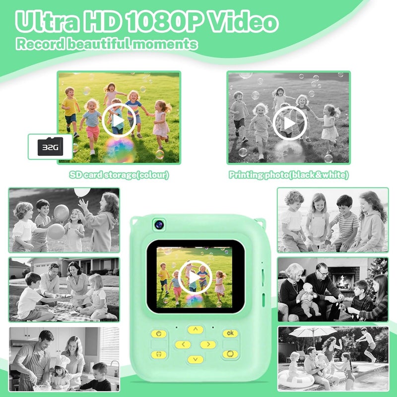QDH Instant Print Camera for Kids, 1080P Video Camera with 3 Print Rolls, 32GB Card & Cute Cover, Gift for Girls Boys Age 3-12, Toddler Digital Camera with Games, Filters, Music – Green - Image 4